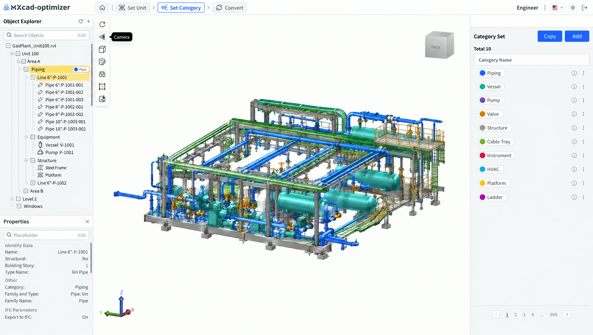 MXcad-optimizer 화면: 왼쪽 객체 목록, 가운데 분류별 색으로 나뉜 플랜트 3D 모델, 오른쪽 분류 목록