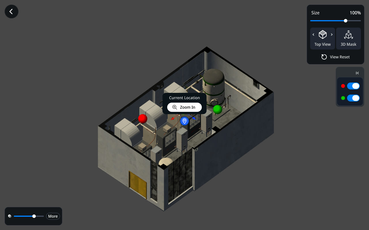 MXview 프로젝트 맵 화면: 설비실 3D 모델 위 현재 위치와 이슈 표시
